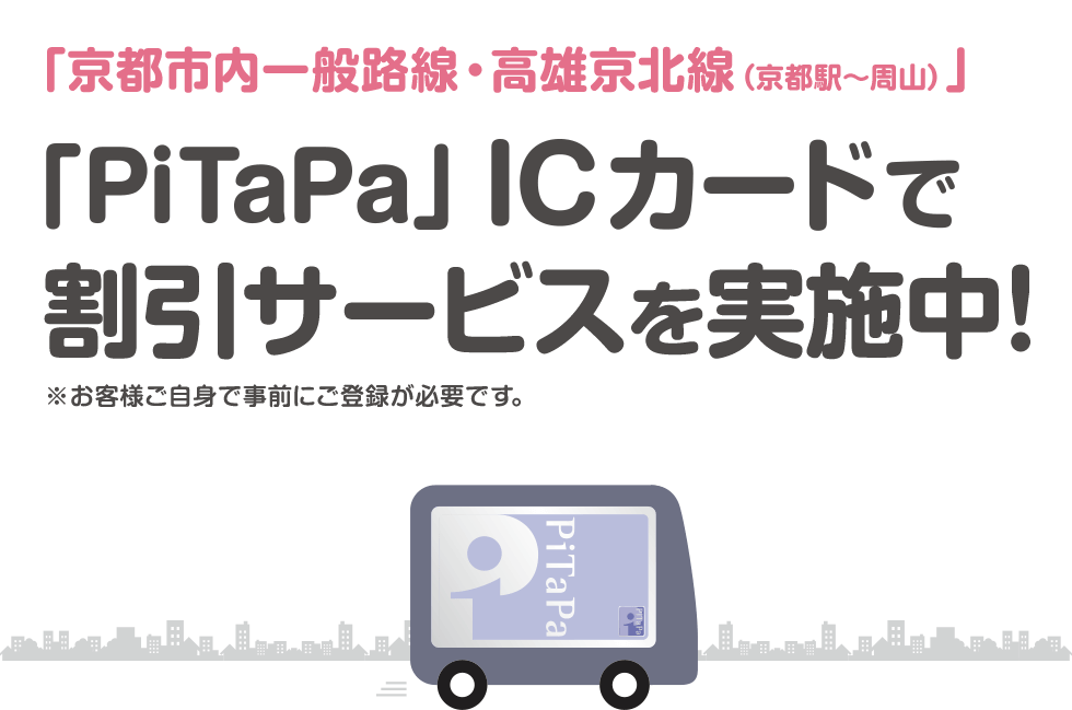 「京都市内一般路線・高雄京北線（京都駅～周山）」「大阪・神戸～淡路島」／「PiTaPa」ICカードで割引サービスを実施中！／※お客様ご自身で事前にご登録が必要です。