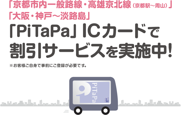「京都市内一般路線・高雄京北線（京都駅～周山）」「大阪・神戸～淡路島」／「PiTaPa」ICカードで割引サービスを実施中！／※お客様ご自身で事前にご登録が必要です。