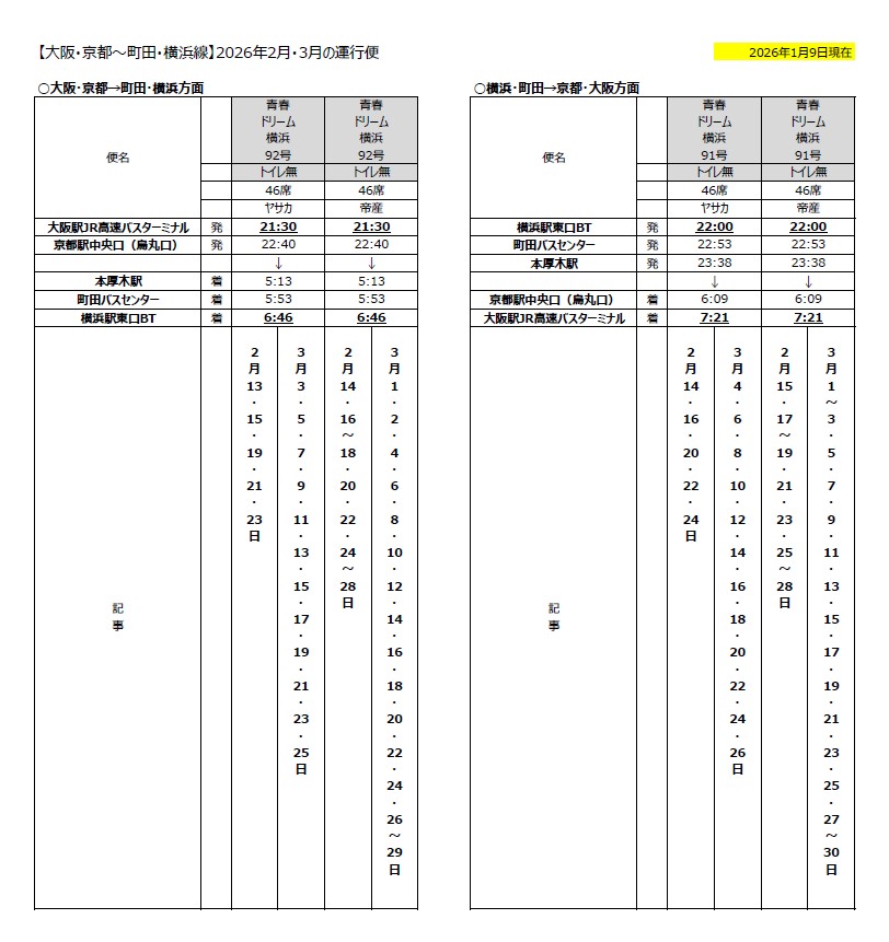 関東方面】運行情報（2026年1月9日更新） | 西日本JRバス（高速バス