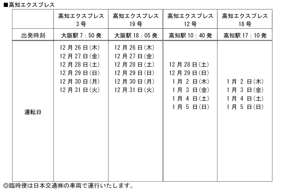 高知エクスプレス 大阪 神戸 高知 年末年始臨時便の運行について 西日本jrバス 高速バス 夜行バス 定期観光バス バスツアー 一般路線バス 貸切バス